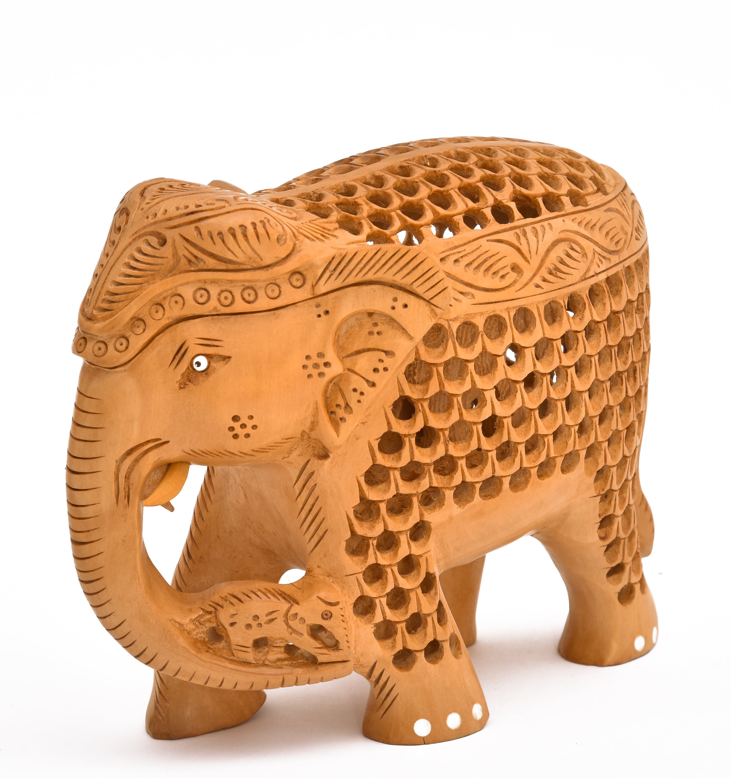 YUXI India Handcrafted Wooden Elephant Statue with Undercut Jali Carving | Trunk Down Lucky Elephant for Home Decor & Vastu | Traditional Rajasthani Sculpture | 5x5.5x4 Inch