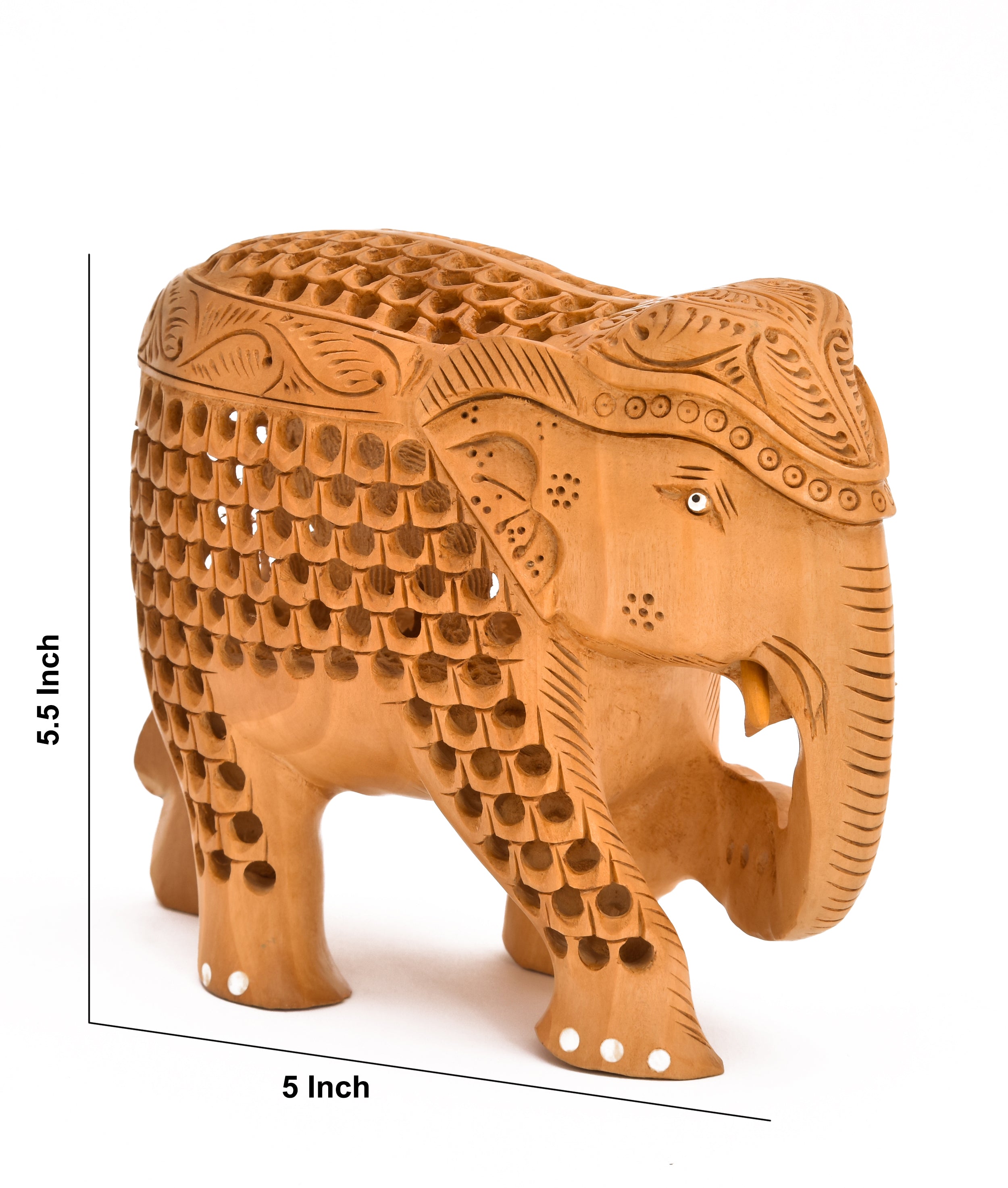 YUXI India Handcrafted Wooden Elephant Statue with Undercut Jali Carving | Trunk Down Lucky Elephant for Home Decor & Vastu | Traditional Rajasthani Sculpture | 5x5.5x4 Inch