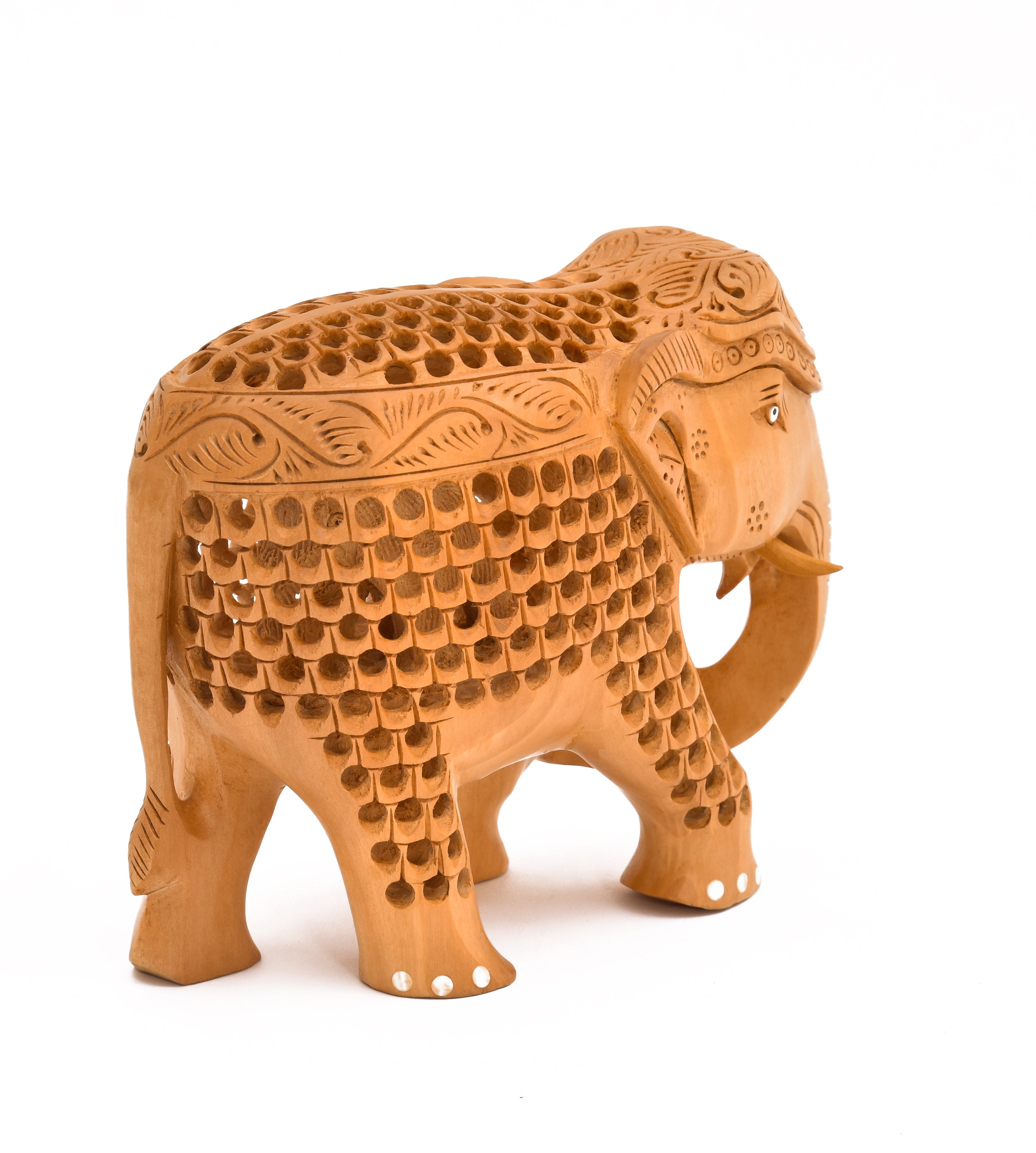 YUXI India Handcrafted Wooden Elephant Statue with Undercut Jali Carving | Trunk Down Lucky Elephant for Home Decor & Vastu | Traditional Rajasthani Sculpture | 5x5.5x4 Inch
