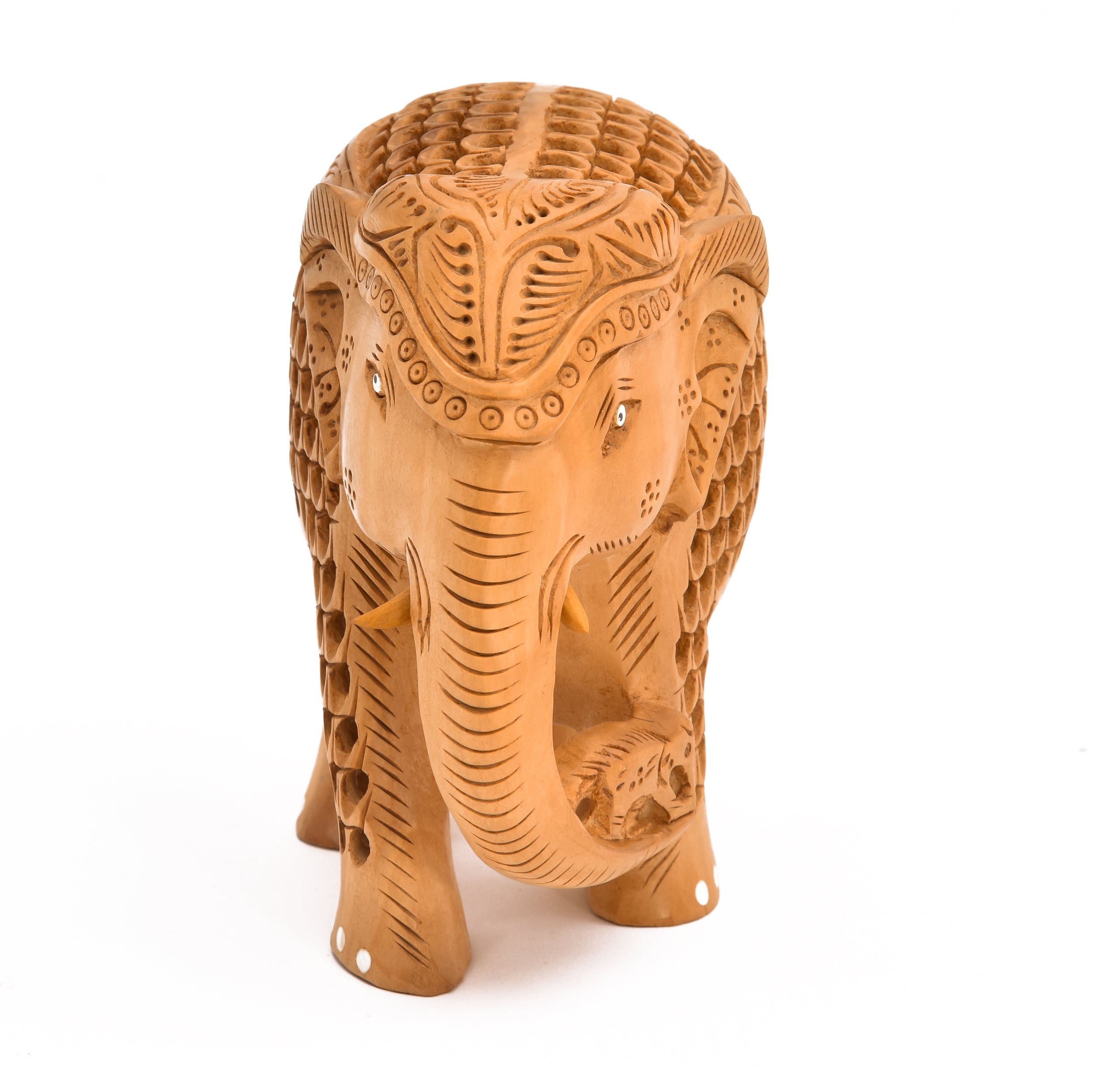 YUXI India Handcrafted Wooden Elephant Statue with Undercut Jali Carving | Trunk Down Lucky Elephant for Home Decor & Vastu | Traditional Rajasthani Sculpture | 5x5.5x4 Inch