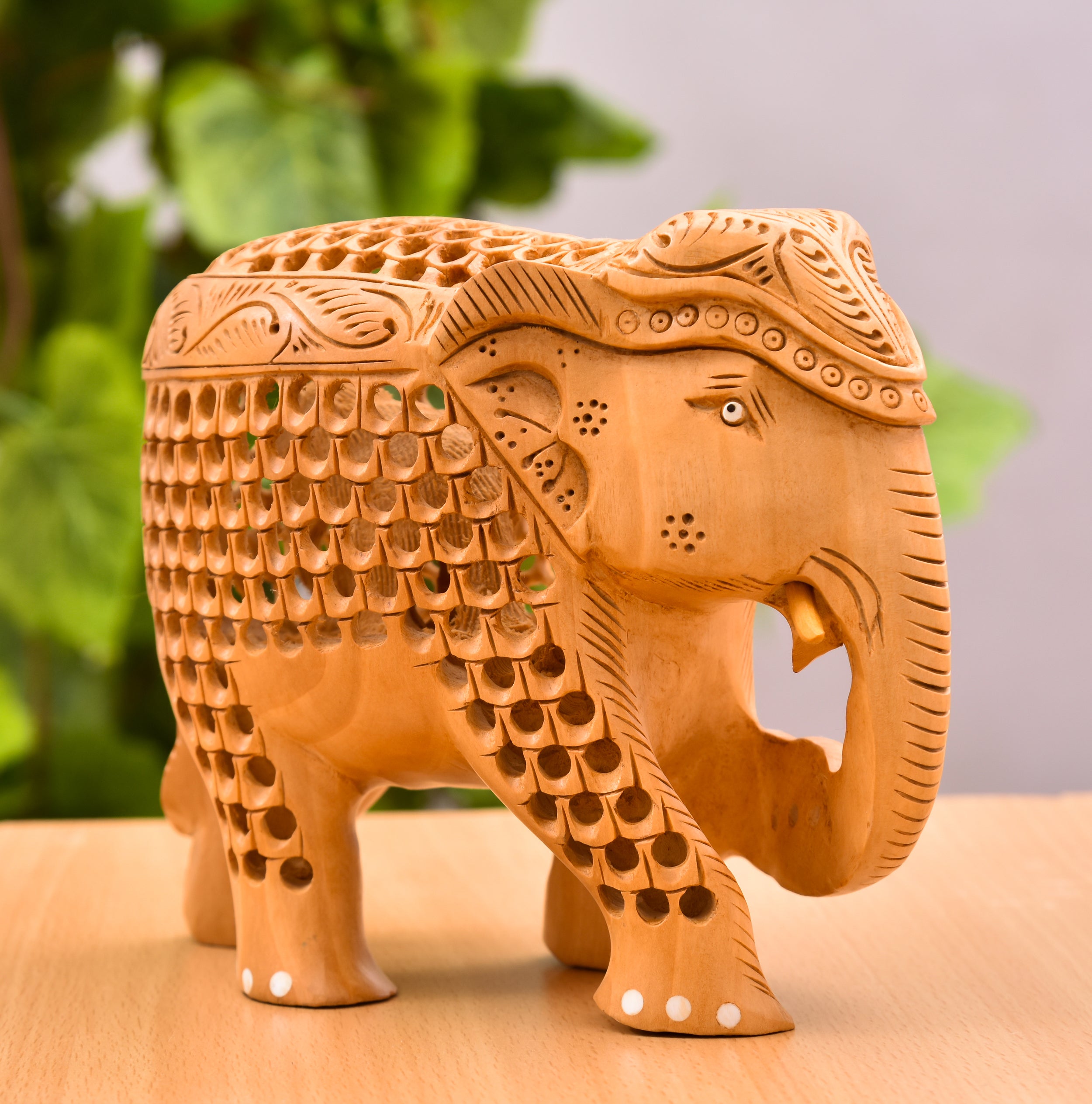 YUXI India Handcrafted Wooden Elephant Statue with Undercut Jali Carving | Trunk Down Lucky Elephant for Home Decor & Vastu | Traditional Rajasthani Sculpture | 5x5.5x4 Inch
